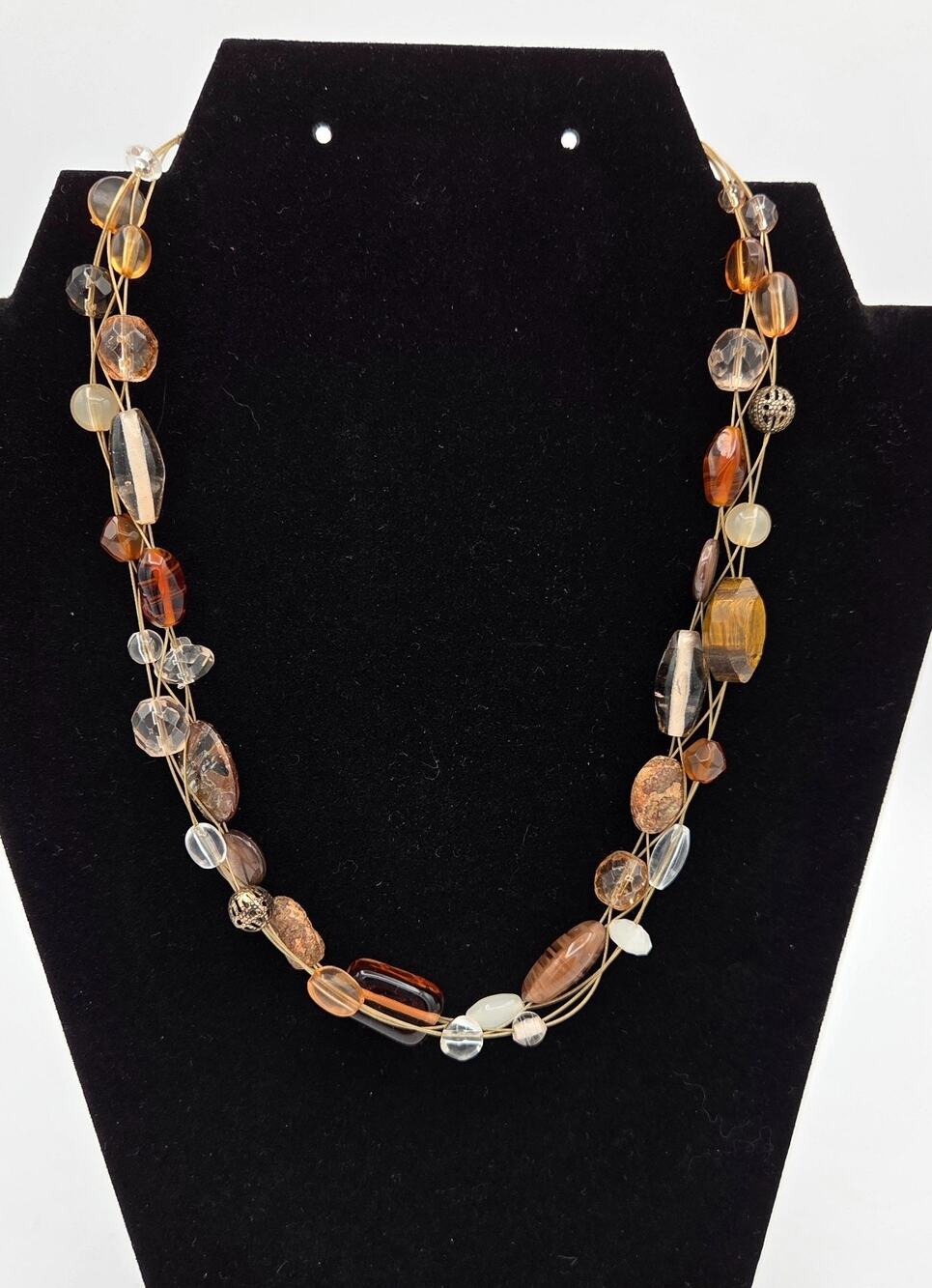 Lia Sophia Floating Bead Necklace 3-Strand Multi Earth Tone Amber Brown Gold